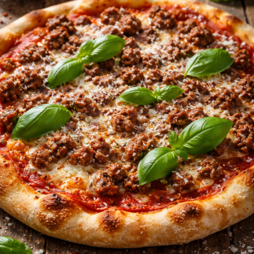 Foto met daarop een versgebakken pizza bolognese