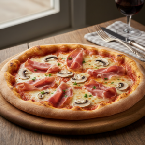 Foto van een versgebakken pizza Prosciutto e Funghi