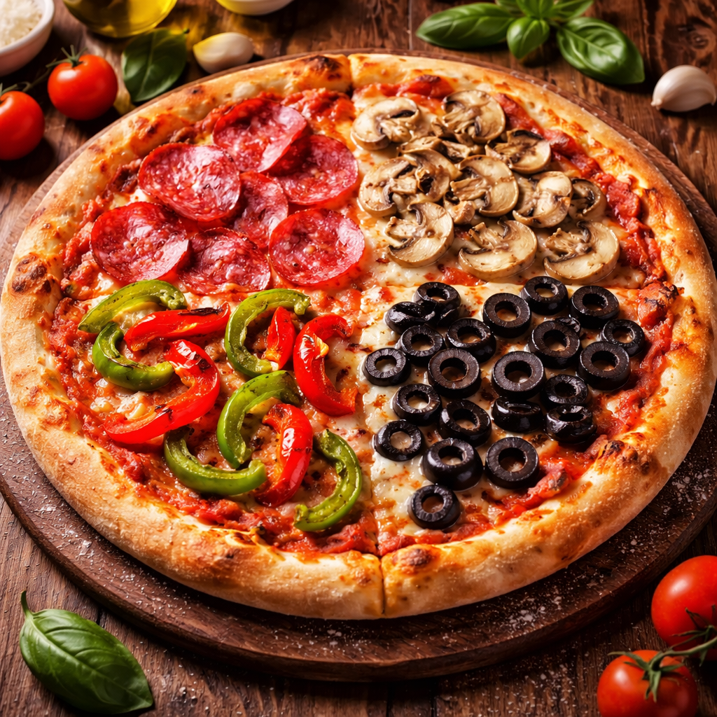 Foto van een versgebakken pizza Quattro Stagioni