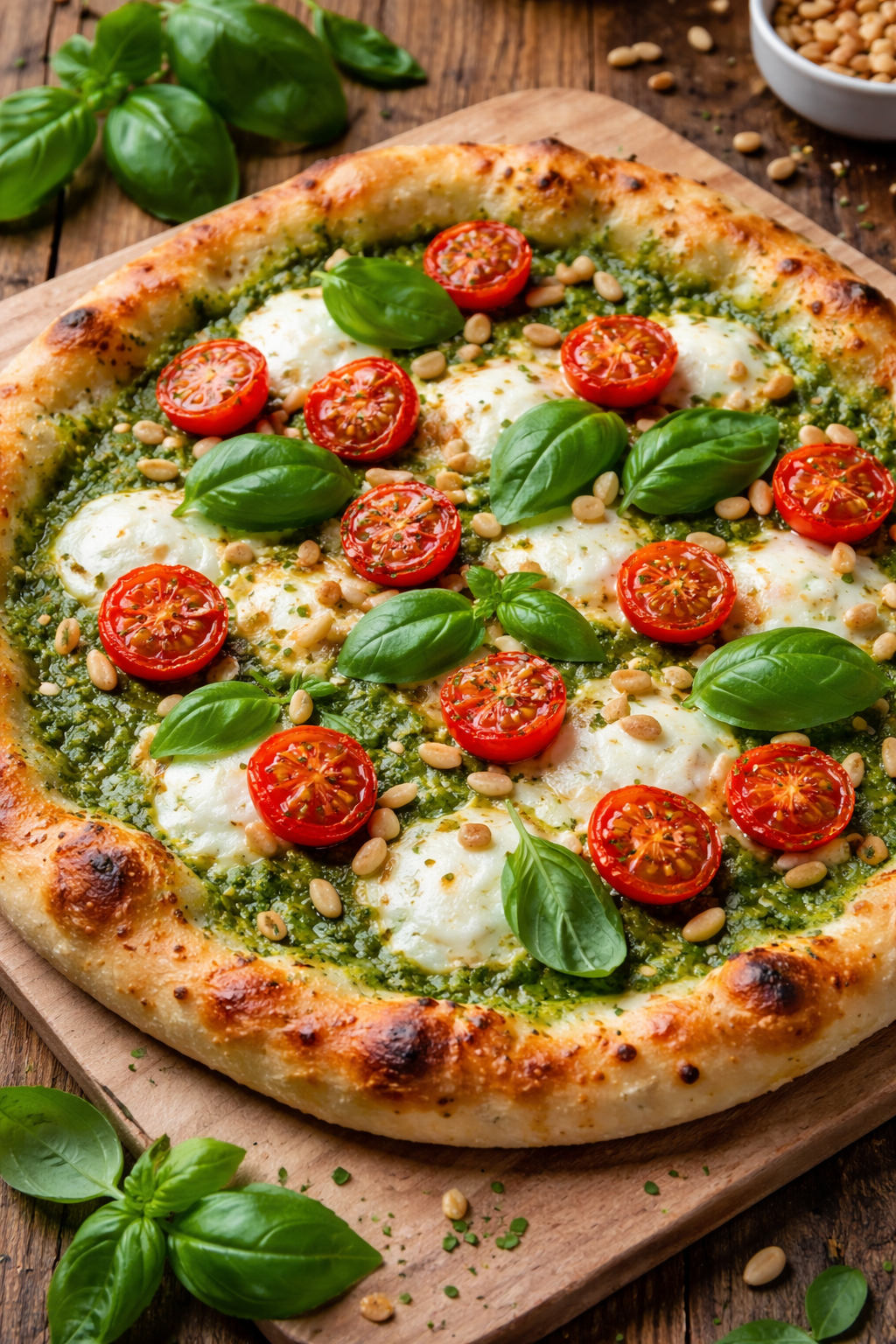 Foto van een versgebakken pizza al Pesto