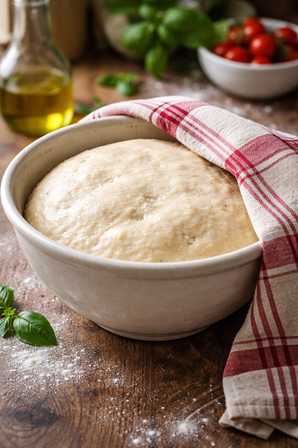 Foto van een kom met daarin rijzend pizzadeeg