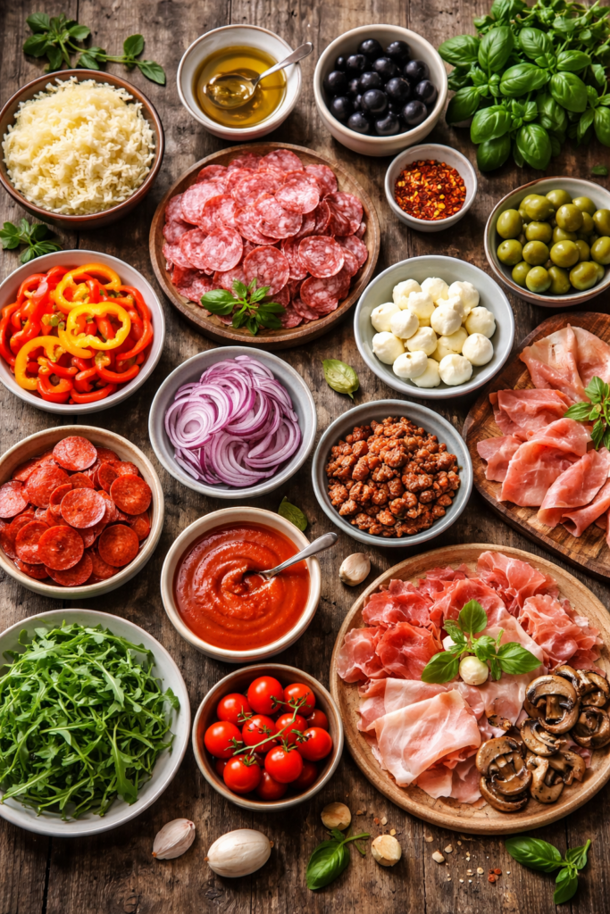Tafel met daarop verschillende soorten pizza toppings