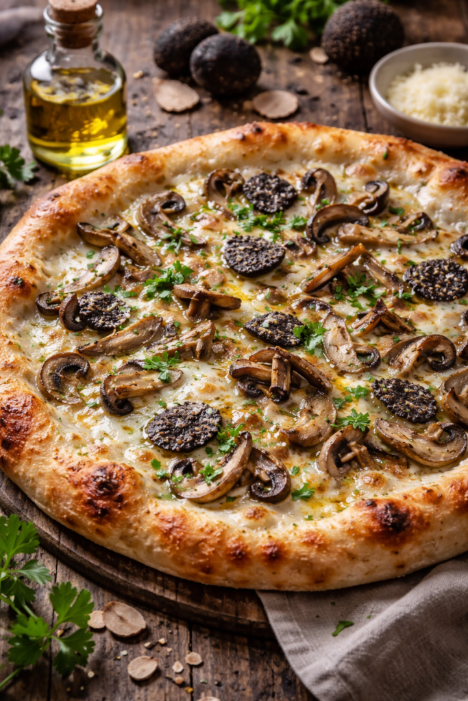 Foto met daarop een versgebakken pizza met truffel erop