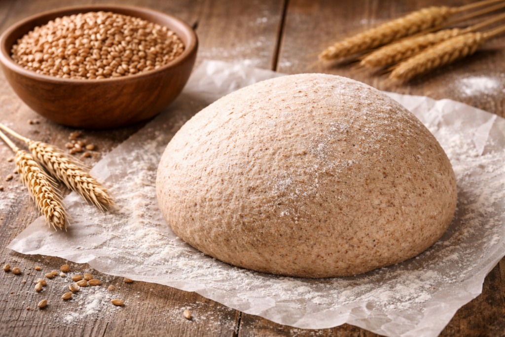 foto van een bol gerezen volkoren pizzadeeg