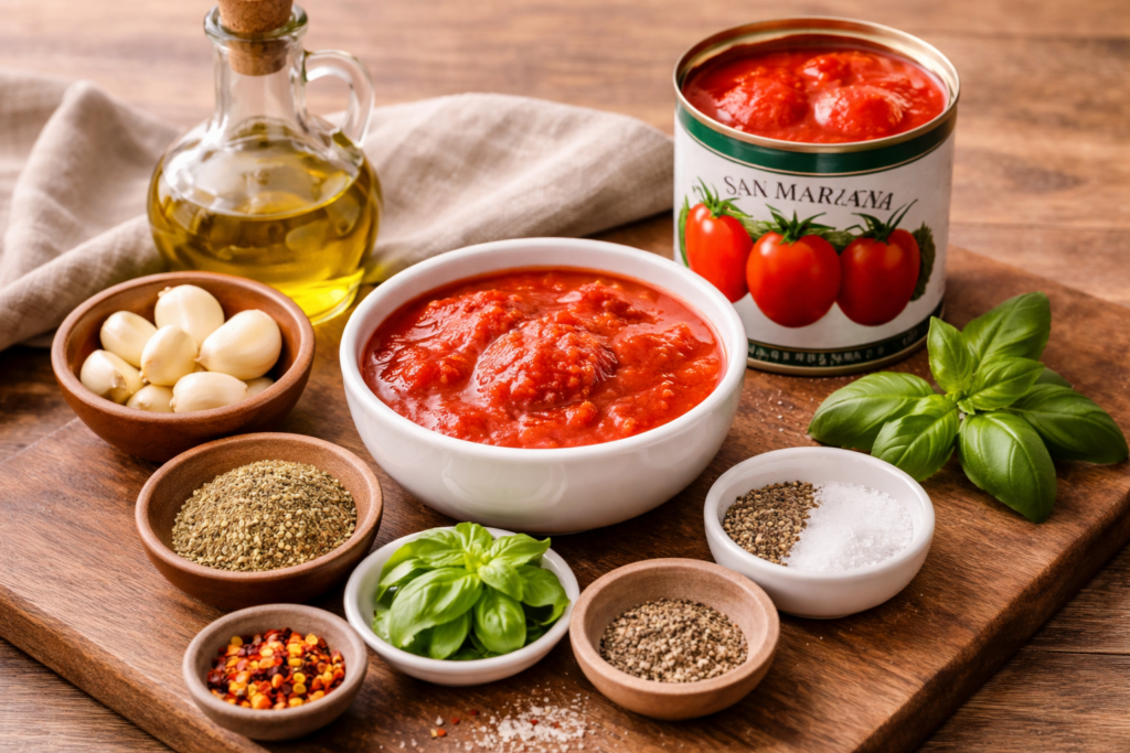 foto met alle ingredienten voor pizza saus