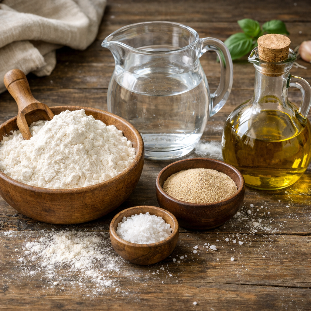 afbeelding van ingredienten voor pizzadeeg