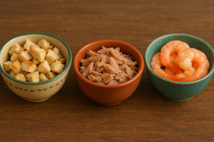 afbeelding met schaaltjes  kip, tonijn en garnalen voor op de pizza