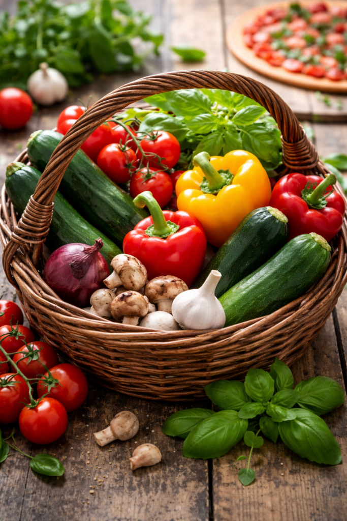 mand met groentes voor op een pizza