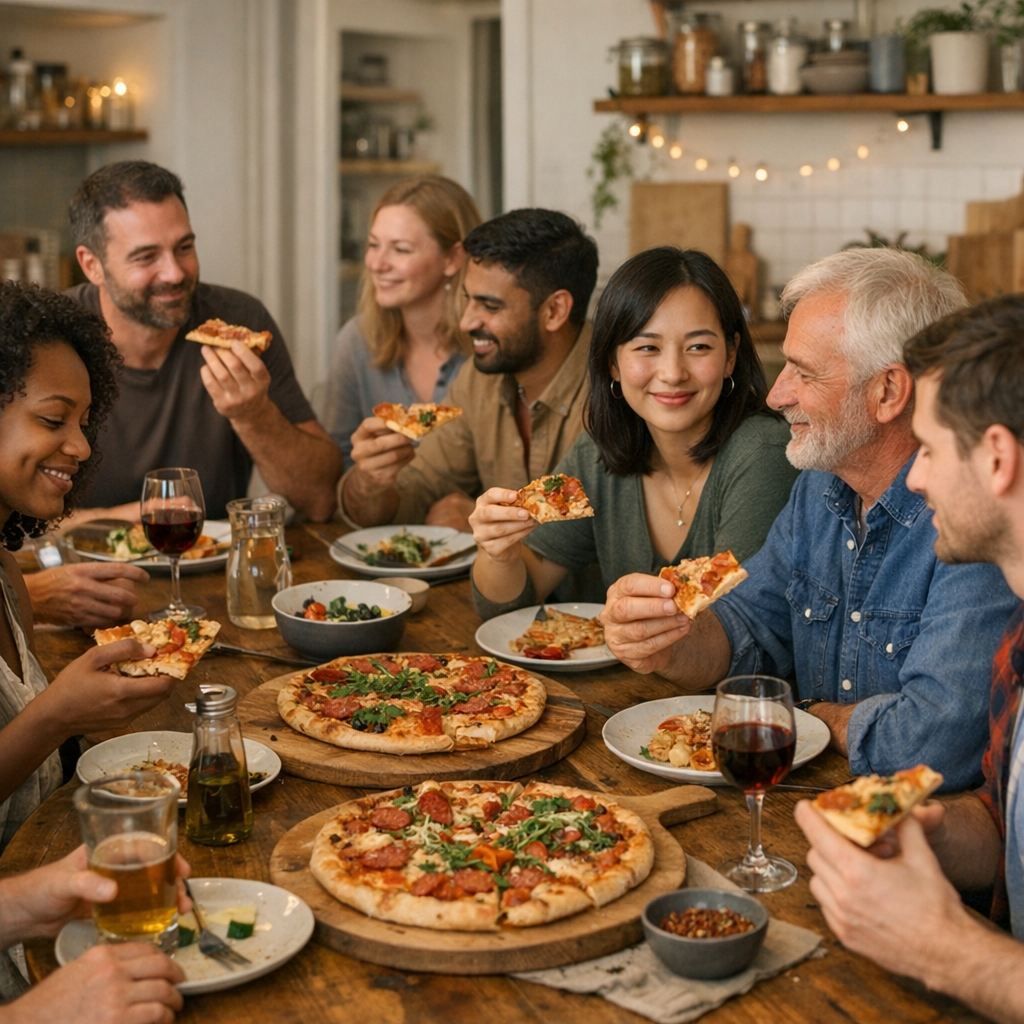 afbeelding van een groep mensen die pizza aan het eten zijn