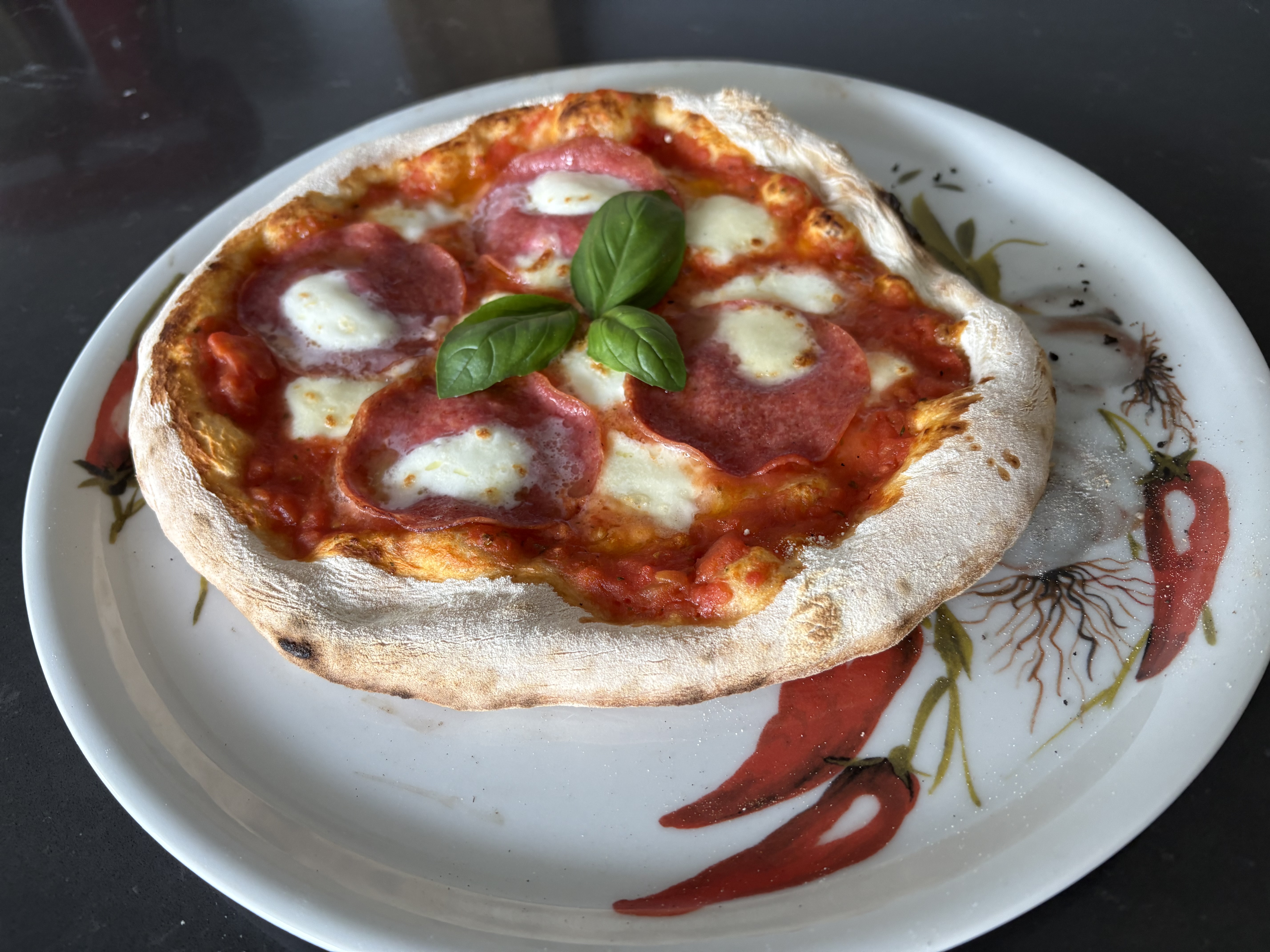 foto van een zelf gemaakte pizza salami die net uit de oven komt