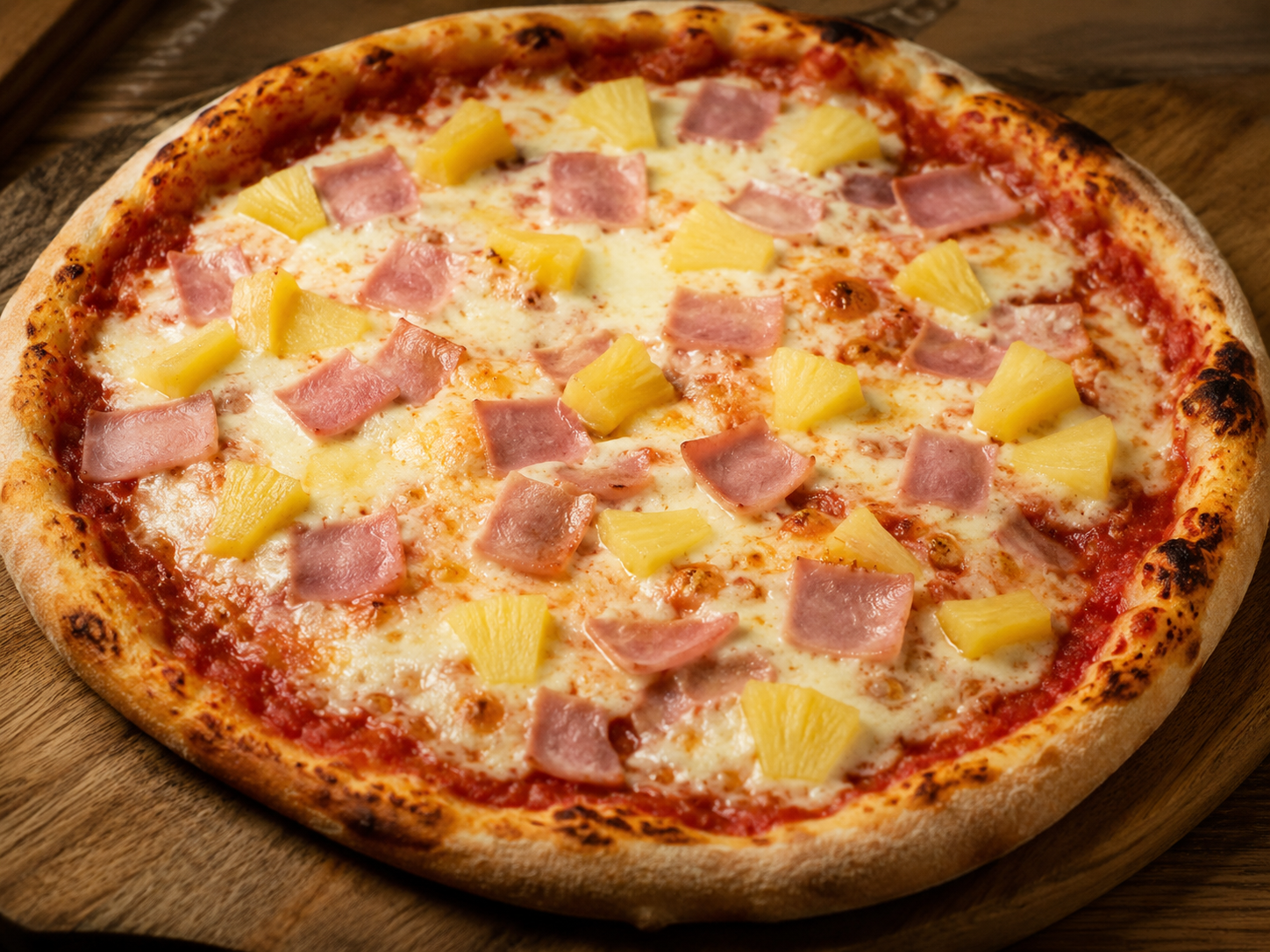 Afbeelding van een versgebakken pizza Hawai