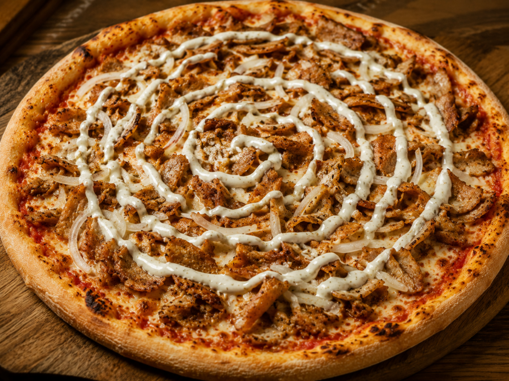 Afbeelding van een versgebakken pizza shoarma