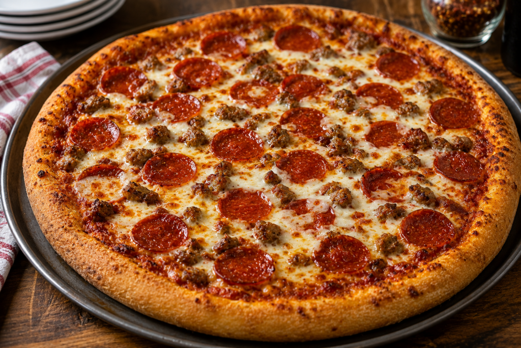 afbeelding van een Amerikaanse pizza met pepperoni, mozzarella en italiaanse worst
