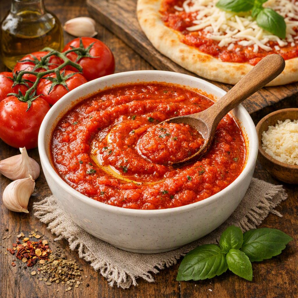 foto van een kom pizza saus