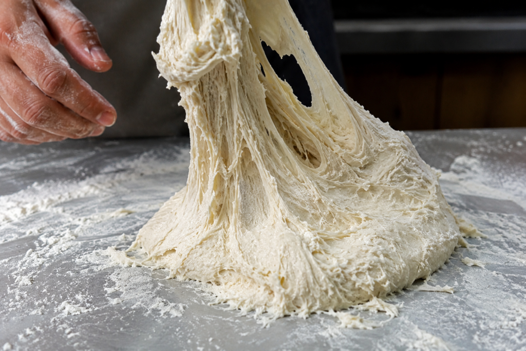 afbeelding van zeer plakkerig pizza deeg