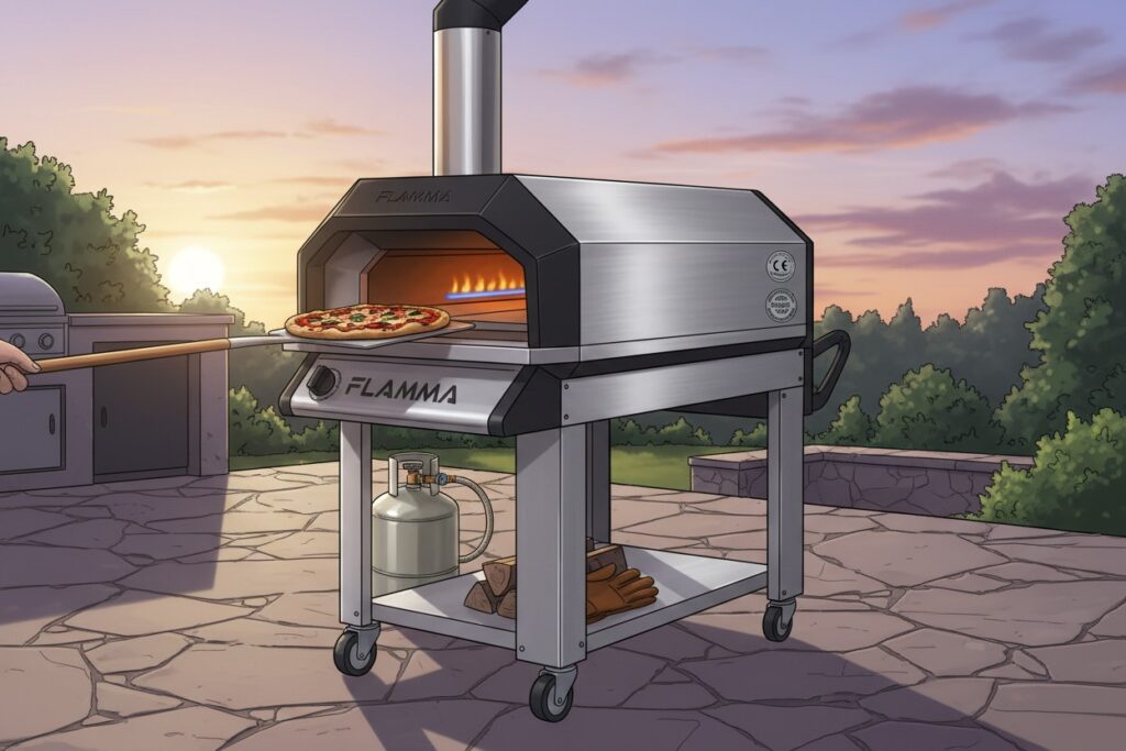 Een roestvrijstalen Flamma pizzaoven op een verrijdbaar onderstel staat op een terras tijdens zonsondergang terwijl een pizza in de oven wordt geschoven.