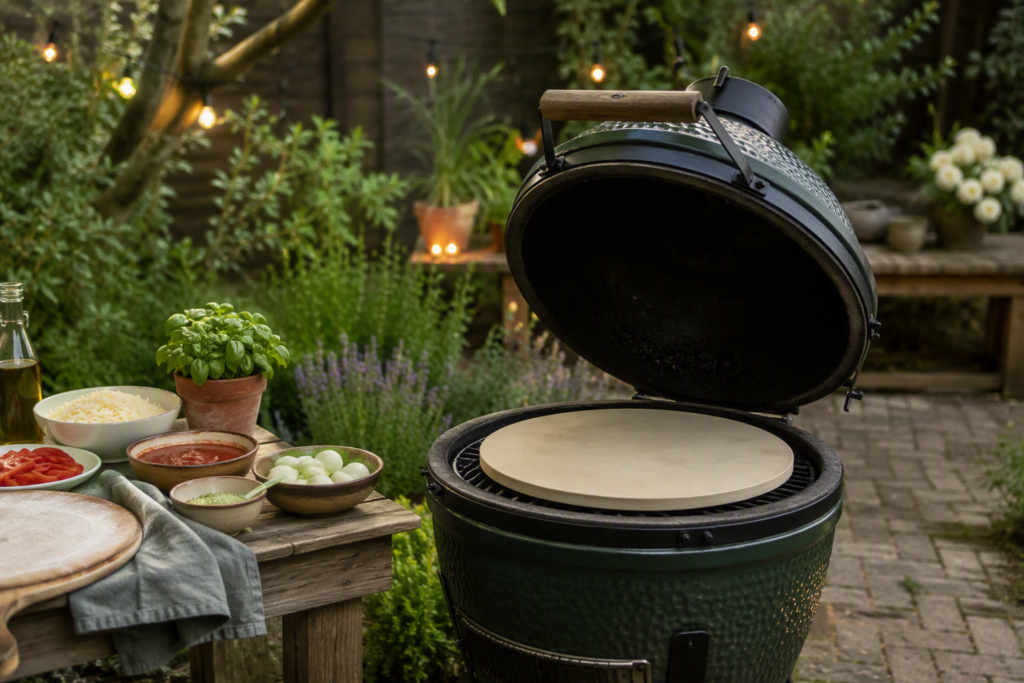 foto ter illustratie bij een big green egg baking pizza stone