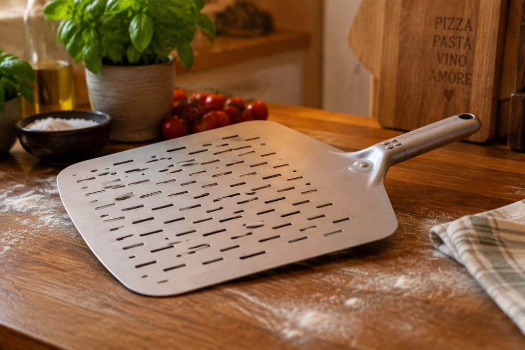 foto ter illustratie bij een lichte geperforeerde pizzaschep