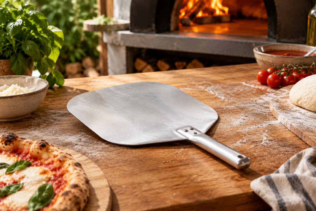 foto ter illustratie bij een lichte aluminium pizzaschep