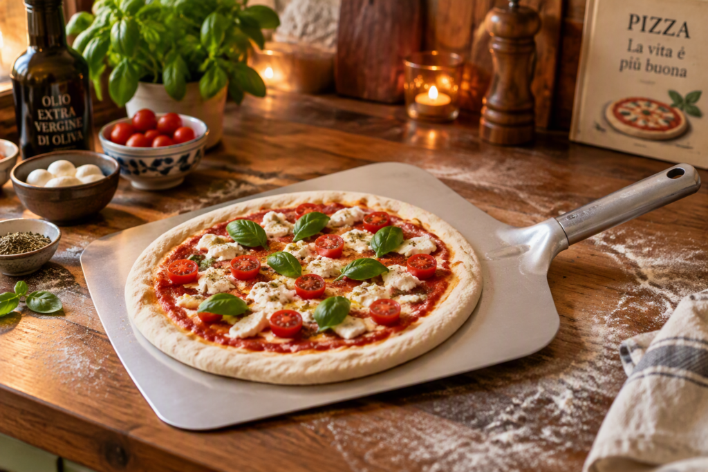 foto ter illustratie voor pizza op een pizzaschep