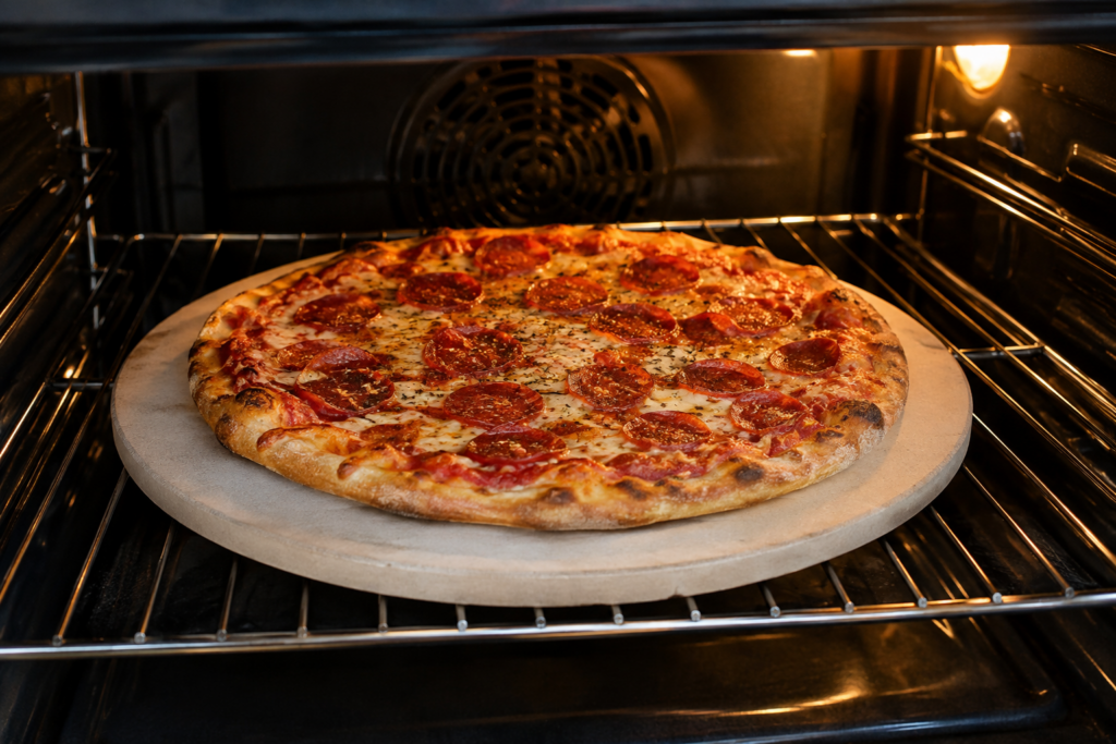 foto van een pizza op een pizzasteen in een gewone thuisoven