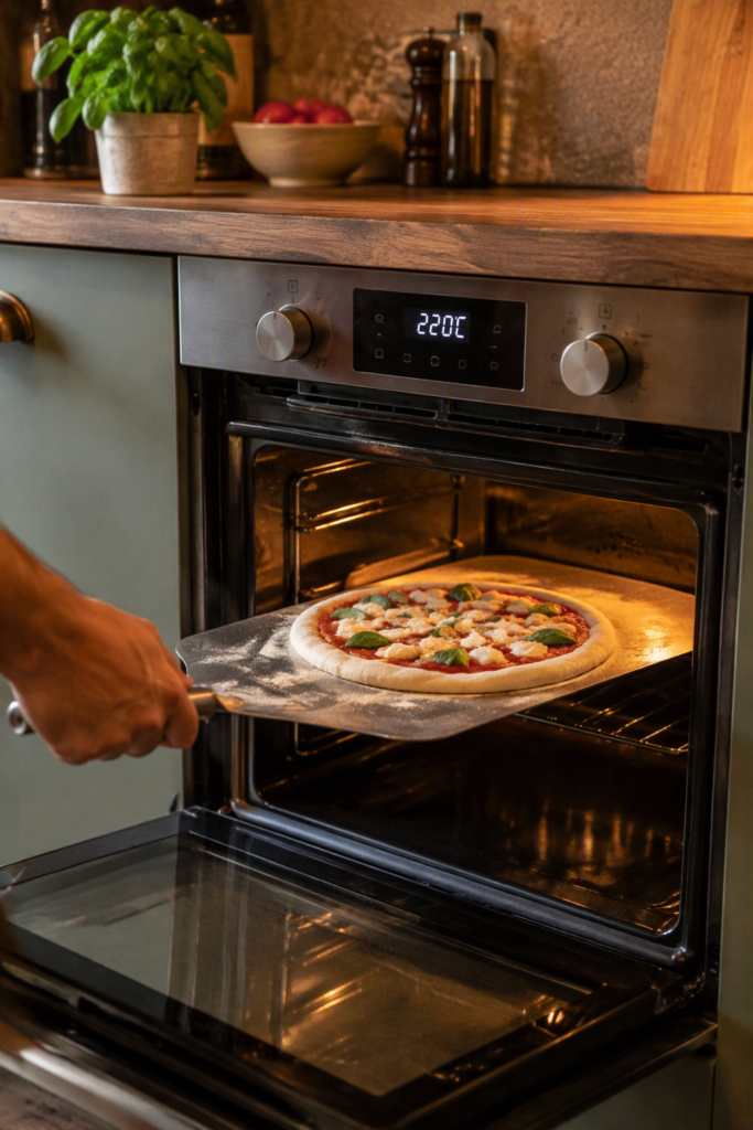 foto ter illustratie voor gebruik pizzaschep bij een kleine oven