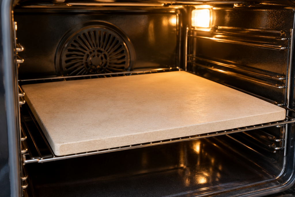 foto van een vierkante pizzasteen van 1,5cm dik in een oven