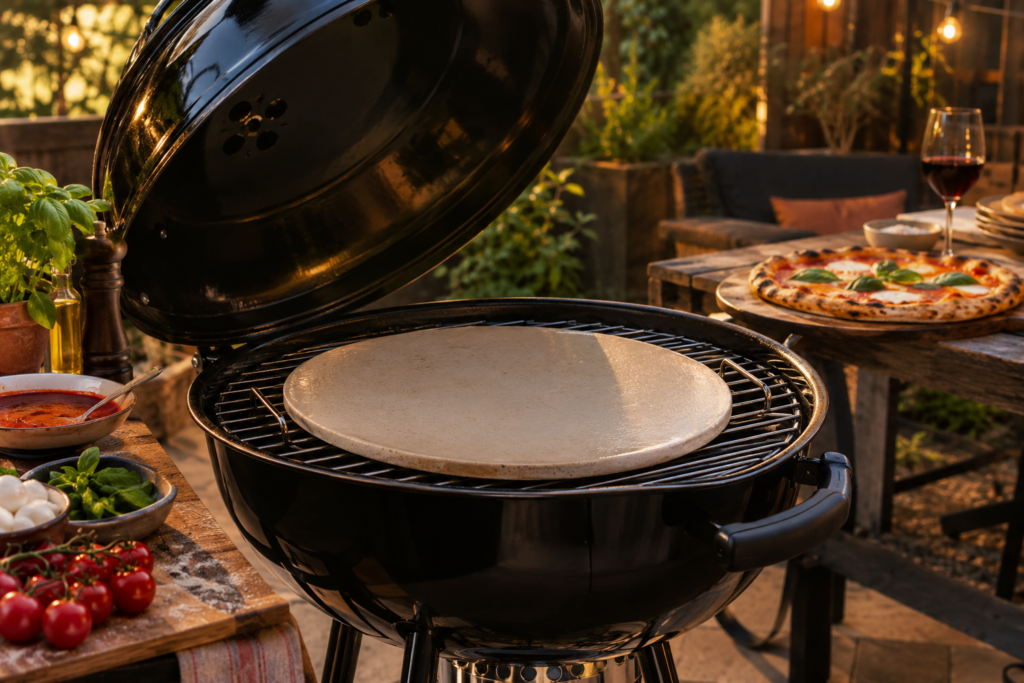 foto van een weber bbq met daarop een crafted geglazuurde pizzasteen